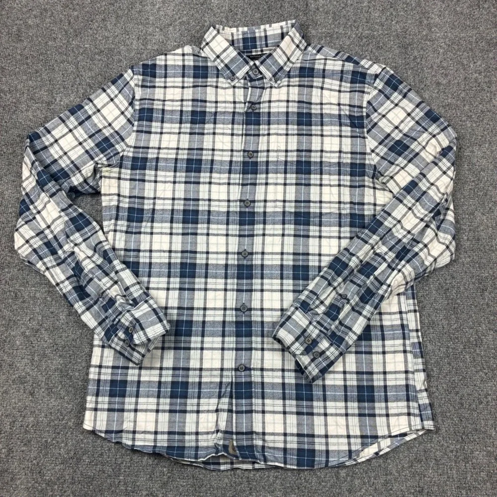 Banana Republic Mens Luxe Flannel Shirt Navy Blue Plaid Untucked Slim Fit Medium